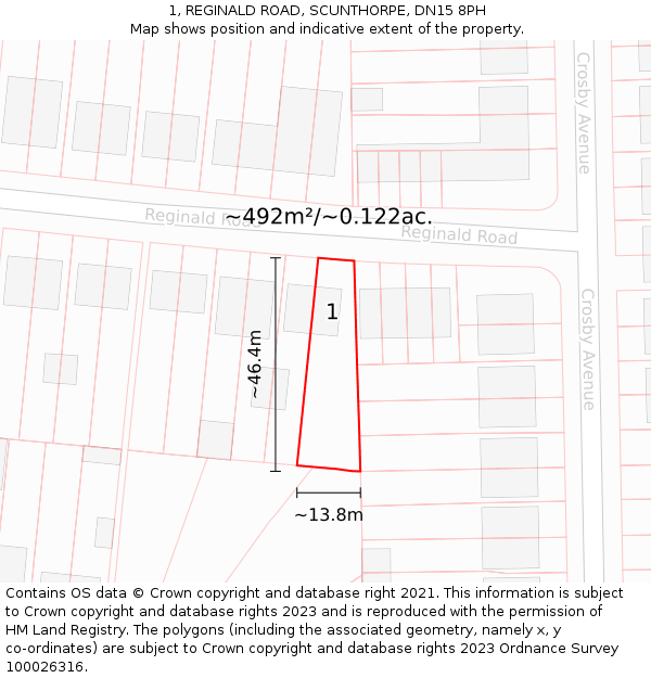 1, REGINALD ROAD, SCUNTHORPE, DN15 8PH: Plot and title map