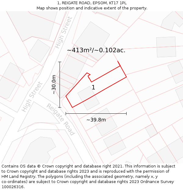1, REIGATE ROAD, EPSOM, KT17 1PL: Plot and title map
