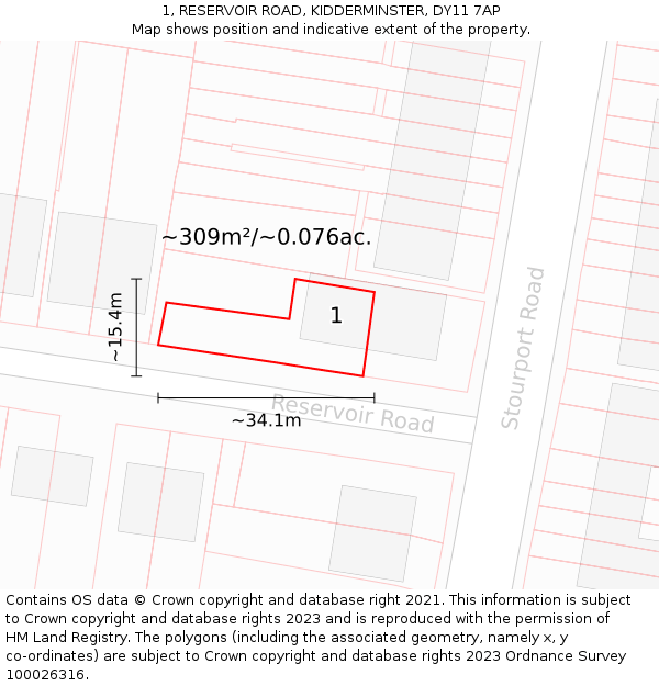 1, RESERVOIR ROAD, KIDDERMINSTER, DY11 7AP: Plot and title map