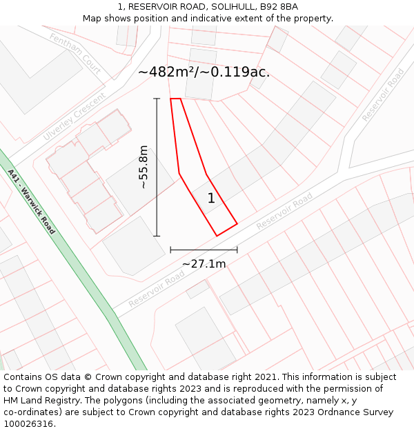 1, RESERVOIR ROAD, SOLIHULL, B92 8BA: Plot and title map
