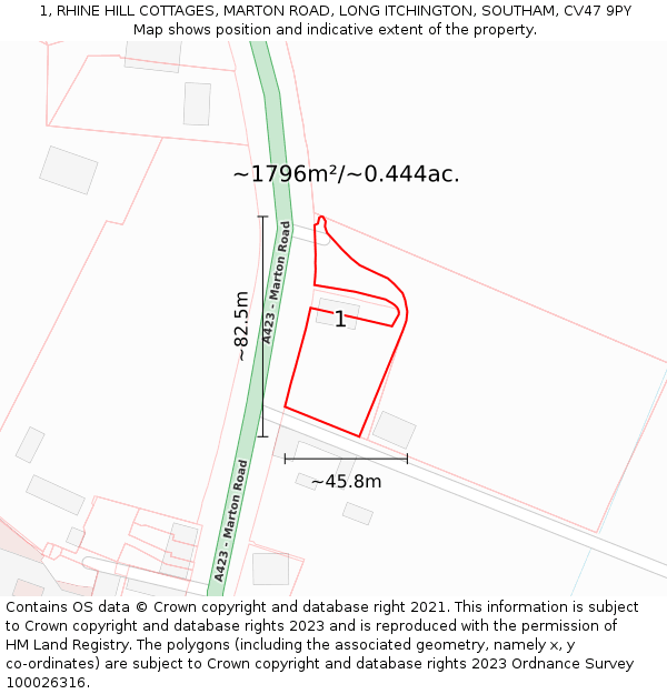 1, RHINE HILL COTTAGES, MARTON ROAD, LONG ITCHINGTON, SOUTHAM, CV47 9PY: Plot and title map