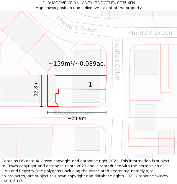 1, RHODFA'R CELYN, COITY, BRIDGEND, CF35 6FN: Plot and title map