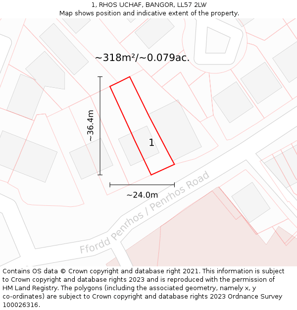 1, RHOS UCHAF, BANGOR, LL57 2LW: Plot and title map