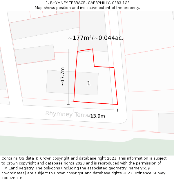 1, RHYMNEY TERRACE, CAERPHILLY, CF83 1GF: Plot and title map