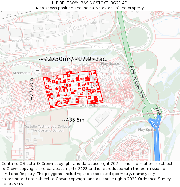 1, RIBBLE WAY, BASINGSTOKE, RG21 4DL: Plot and title map