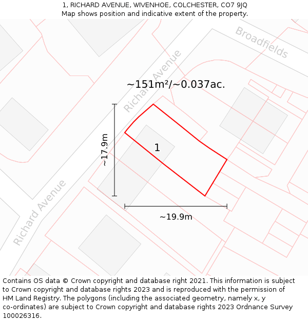 1, RICHARD AVENUE, WIVENHOE, COLCHESTER, CO7 9JQ: Plot and title map