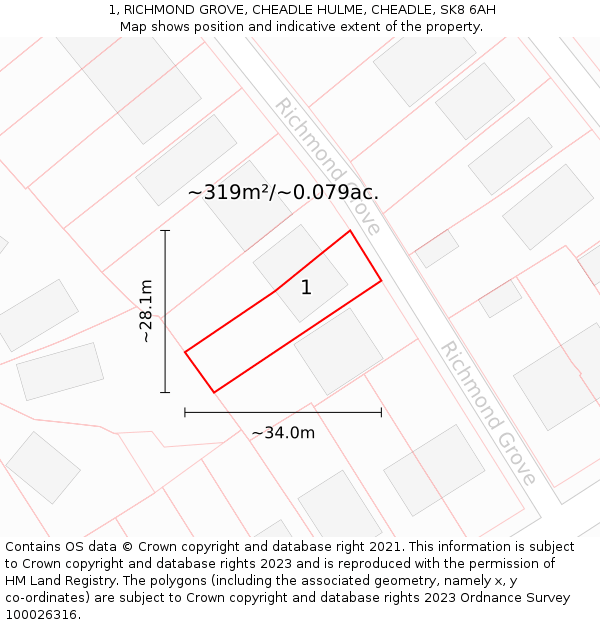 1, RICHMOND GROVE, CHEADLE HULME, CHEADLE, SK8 6AH: Plot and title map