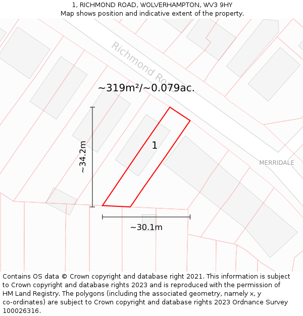 1, RICHMOND ROAD, WOLVERHAMPTON, WV3 9HY: Plot and title map
