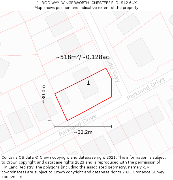 1, RIDD WAY, WINGERWORTH, CHESTERFIELD, S42 6UX: Plot and title map
