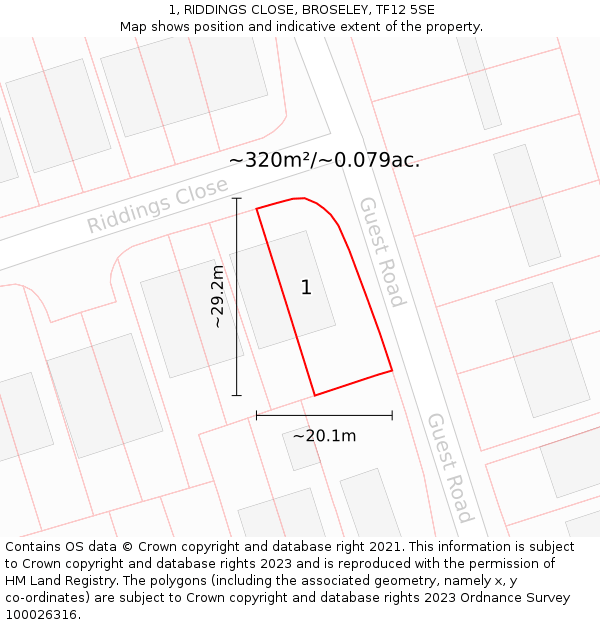 1, RIDDINGS CLOSE, BROSELEY, TF12 5SE: Plot and title map
