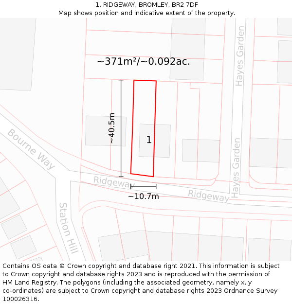 1, RIDGEWAY, BROMLEY, BR2 7DF: Plot and title map