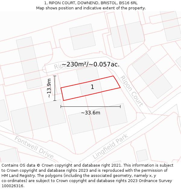 1, RIPON COURT, DOWNEND, BRISTOL, BS16 6RL: Plot and title map