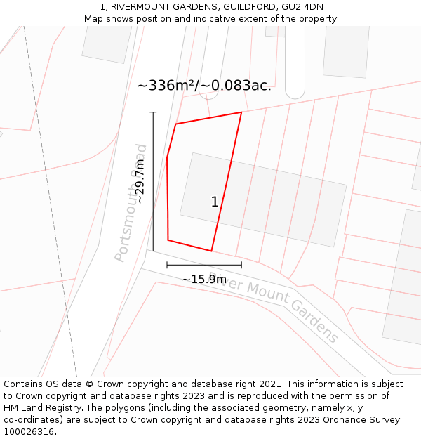 1, RIVERMOUNT GARDENS, GUILDFORD, GU2 4DN: Plot and title map