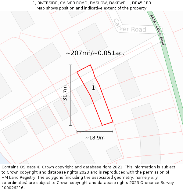 1, RIVERSIDE, CALVER ROAD, BASLOW, BAKEWELL, DE45 1RR: Plot and title map
