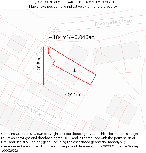 1, RIVERSIDE CLOSE, DARFIELD, BARNSLEY, S73 9JH: Plot and title map