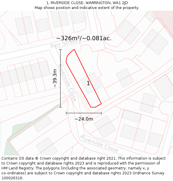 1, RIVERSIDE CLOSE, WARRINGTON, WA1 2JD: Plot and title map