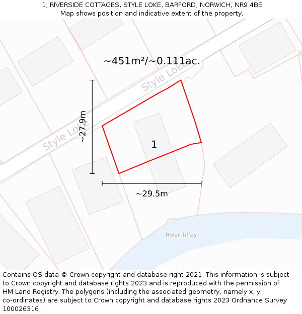 1, RIVERSIDE COTTAGES, STYLE LOKE, BARFORD, NORWICH, NR9 4BE: Plot and title map