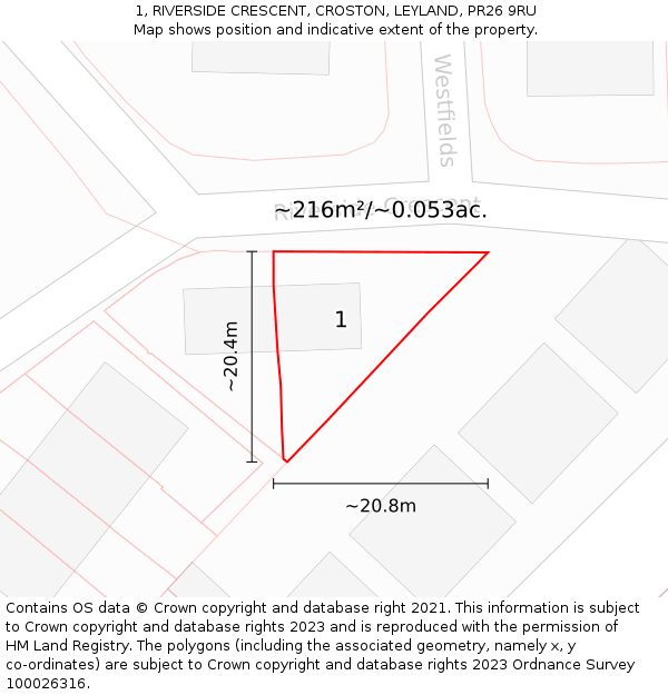 1, RIVERSIDE CRESCENT, CROSTON, LEYLAND, PR26 9RU: Plot and title map