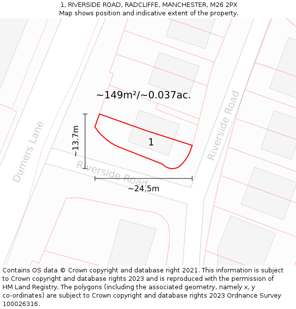 1, RIVERSIDE ROAD, RADCLIFFE, MANCHESTER, M26 2PX: Plot and title map