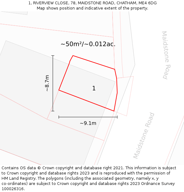 1, RIVERVIEW CLOSE, 78, MAIDSTONE ROAD, CHATHAM, ME4 6DG: Plot and title map