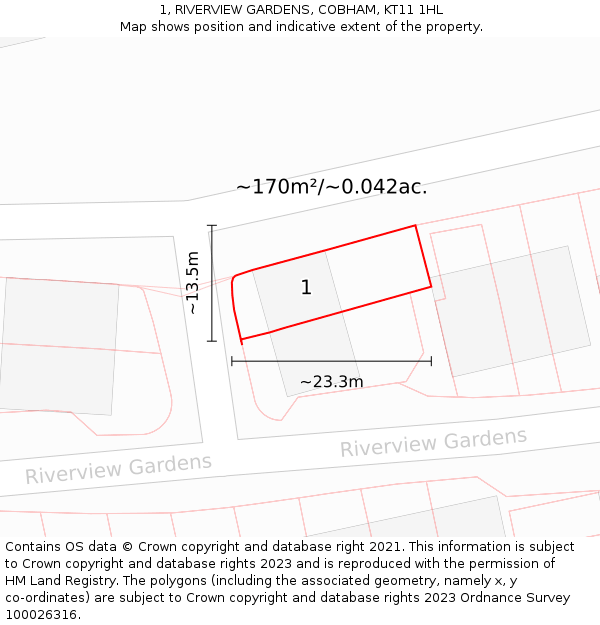 1, RIVERVIEW GARDENS, COBHAM, KT11 1HL: Plot and title map