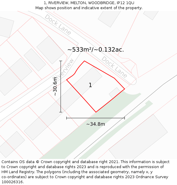1, RIVERVIEW, MELTON, WOODBRIDGE, IP12 1QU: Plot and title map