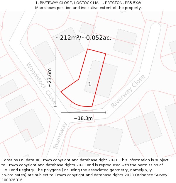 1, RIVERWAY CLOSE, LOSTOCK HALL, PRESTON, PR5 5XW: Plot and title map