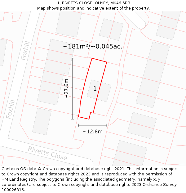 1, RIVETTS CLOSE, OLNEY, MK46 5PB: Plot and title map