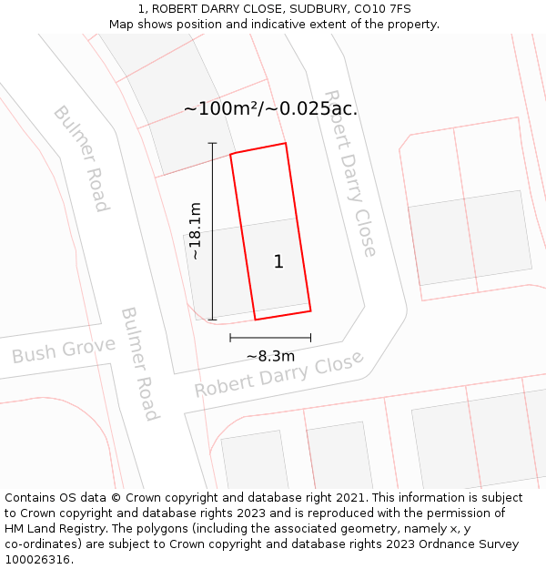1, ROBERT DARRY CLOSE, SUDBURY, CO10 7FS: Plot and title map