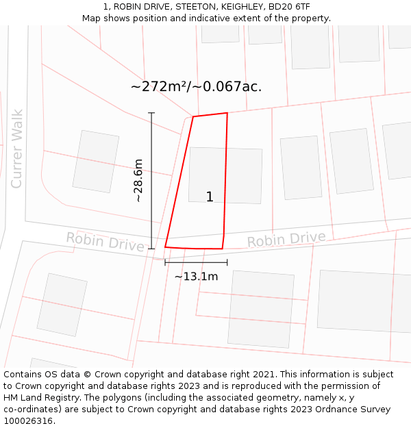 1, ROBIN DRIVE, STEETON, KEIGHLEY, BD20 6TF: Plot and title map