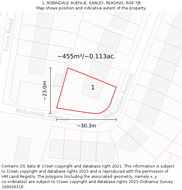 1, ROBINDALE AVENUE, EARLEY, READING, RG6 7JR: Plot and title map