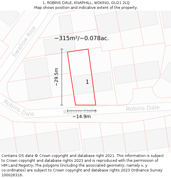 1, ROBINS DALE, KNAPHILL, WOKING, GU21 2LQ: Plot and title map