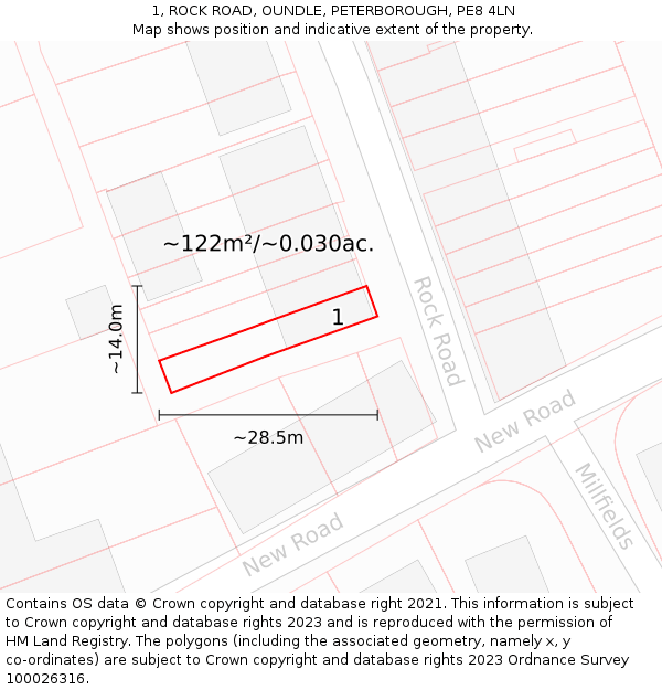 1, ROCK ROAD, OUNDLE, PETERBOROUGH, PE8 4LN: Plot and title map