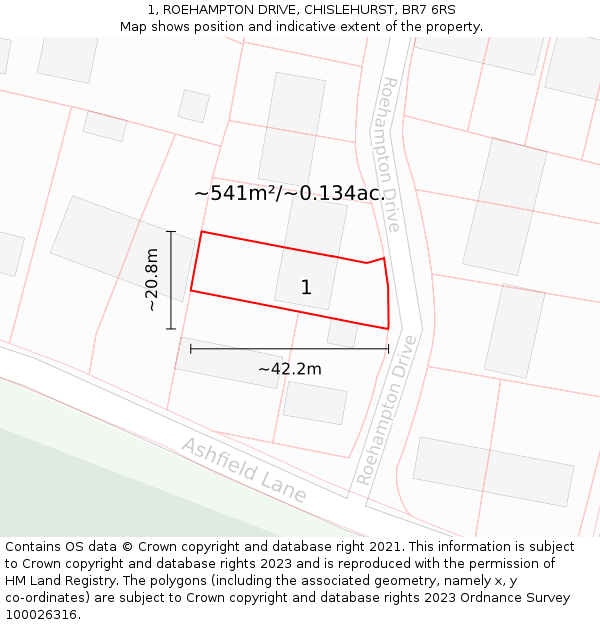 1, ROEHAMPTON DRIVE, CHISLEHURST, BR7 6RS: Plot and title map