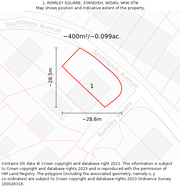 1, ROMILEY SQUARE, STANDISH, WIGAN, WN6 0TW: Plot and title map