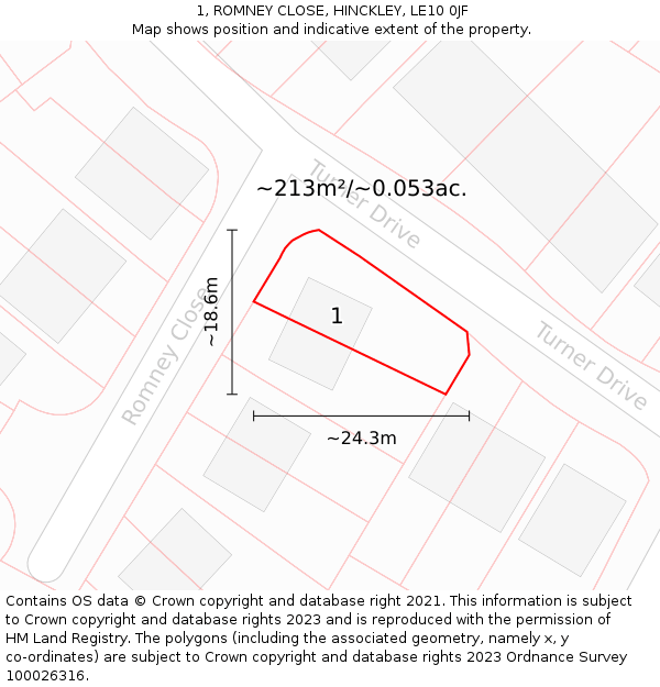 1, ROMNEY CLOSE, HINCKLEY, LE10 0JF: Plot and title map