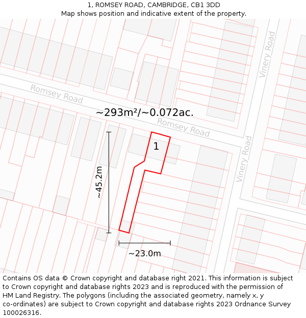 1, ROMSEY ROAD, CAMBRIDGE, CB1 3DD: Plot and title map