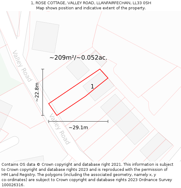 1, ROSE COTTAGE, VALLEY ROAD, LLANFAIRFECHAN, LL33 0SH: Plot and title map