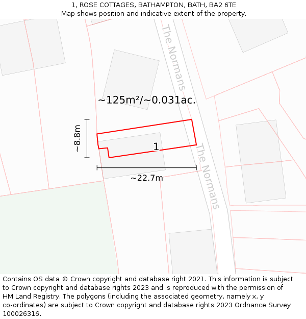 1, ROSE COTTAGES, BATHAMPTON, BATH, BA2 6TE: Plot and title map