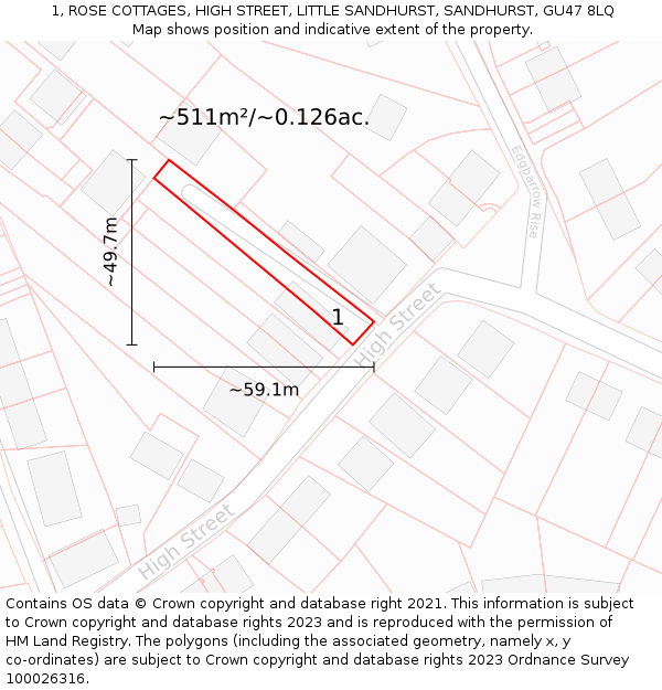 1, ROSE COTTAGES, HIGH STREET, LITTLE SANDHURST, SANDHURST, GU47 8LQ: Plot and title map