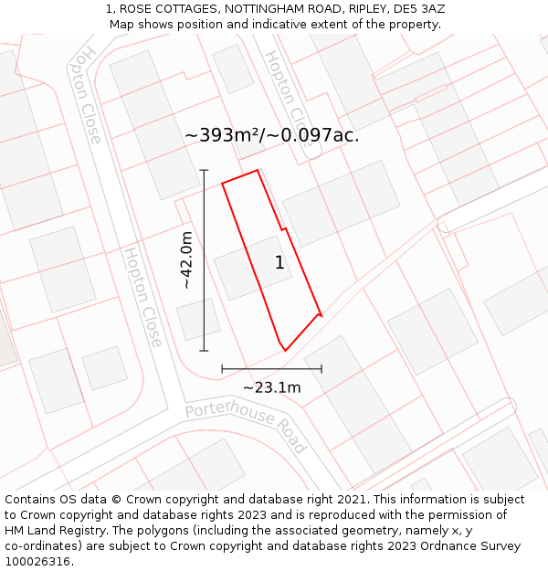 1, ROSE COTTAGES, NOTTINGHAM ROAD, RIPLEY, DE5 3AZ: Plot and title map