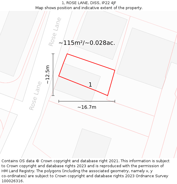1, ROSE LANE, DISS, IP22 4JF: Plot and title map