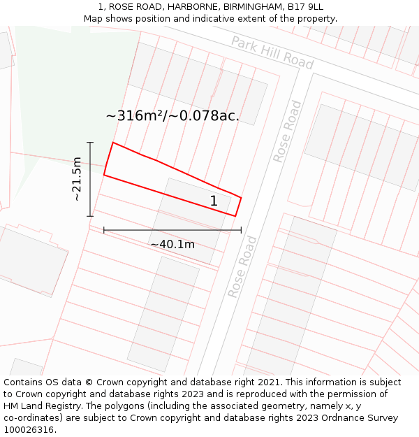 1, ROSE ROAD, HARBORNE, BIRMINGHAM, B17 9LL: Plot and title map