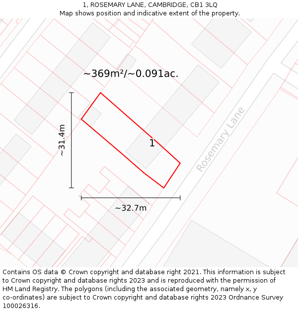 1, ROSEMARY LANE, CAMBRIDGE, CB1 3LQ: Plot and title map