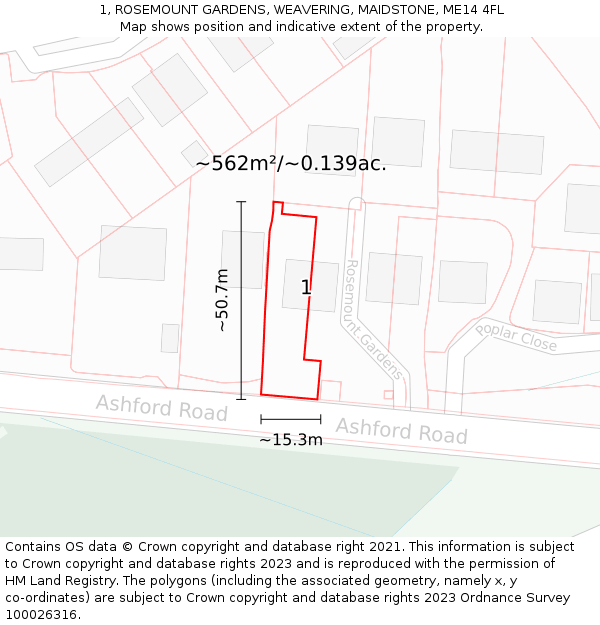 1, ROSEMOUNT GARDENS, WEAVERING, MAIDSTONE, ME14 4FL: Plot and title map