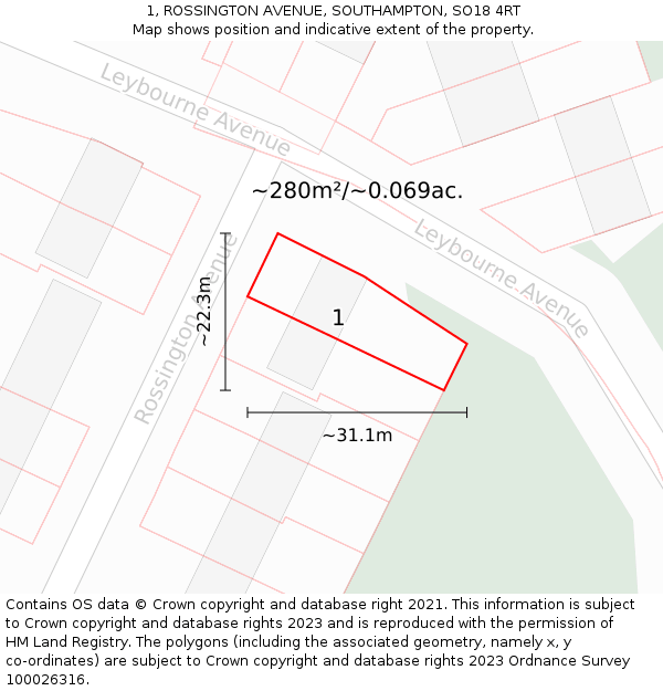1, ROSSINGTON AVENUE, SOUTHAMPTON, SO18 4RT: Plot and title map
