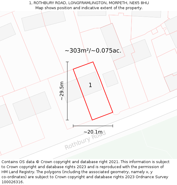 1, ROTHBURY ROAD, LONGFRAMLINGTON, MORPETH, NE65 8HU: Plot and title map