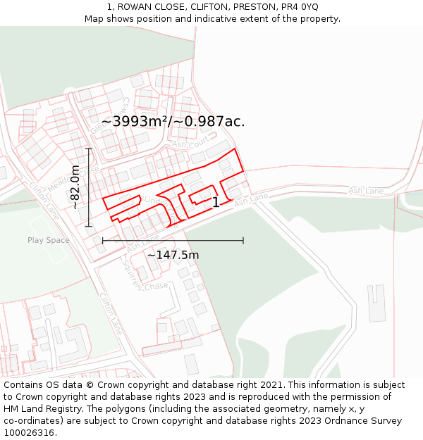 1, ROWAN CLOSE, CLIFTON, PRESTON, PR4 0YQ: Plot and title map