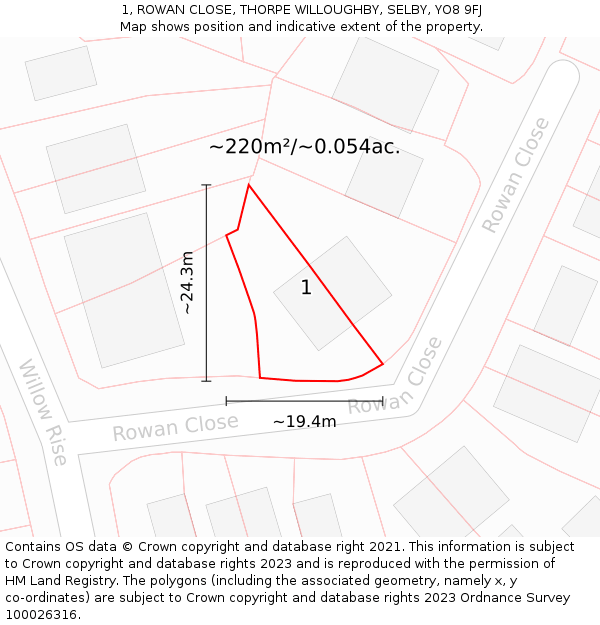 1, ROWAN CLOSE, THORPE WILLOUGHBY, SELBY, YO8 9FJ: Plot and title map