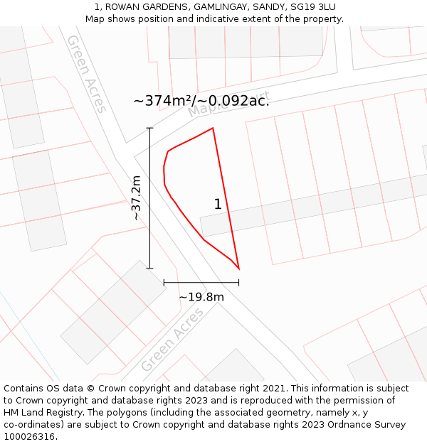 1, ROWAN GARDENS, GAMLINGAY, SANDY, SG19 3LU: Plot and title map